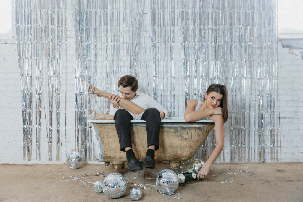 champagne bottle, disco balls, couple, new years eve, bathtub 