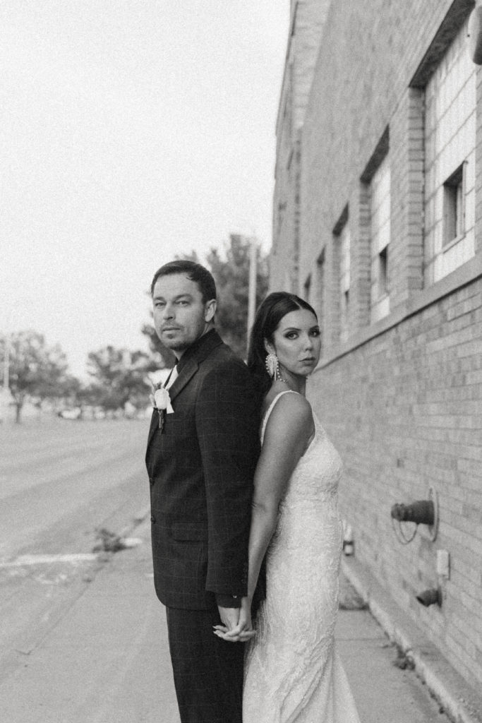 black and white photo of bride and groom 