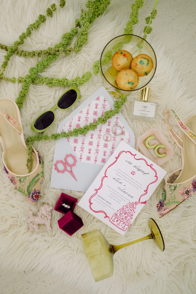 bold wedding invitation flatlay
