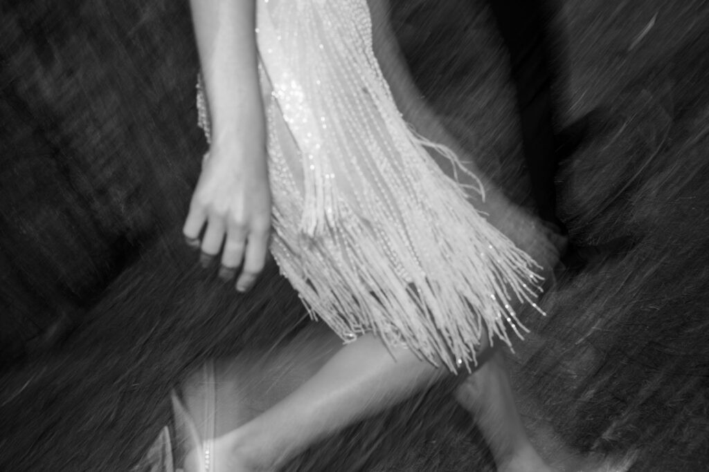 blurry black and white wedding dress