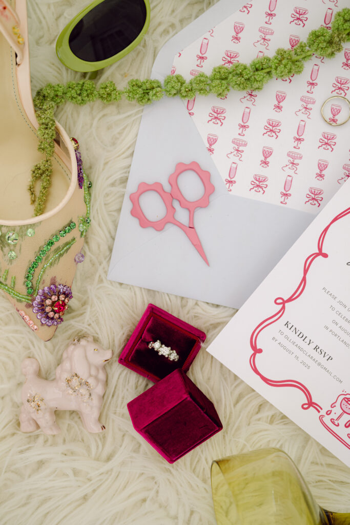 bold wedding invitation flatlay