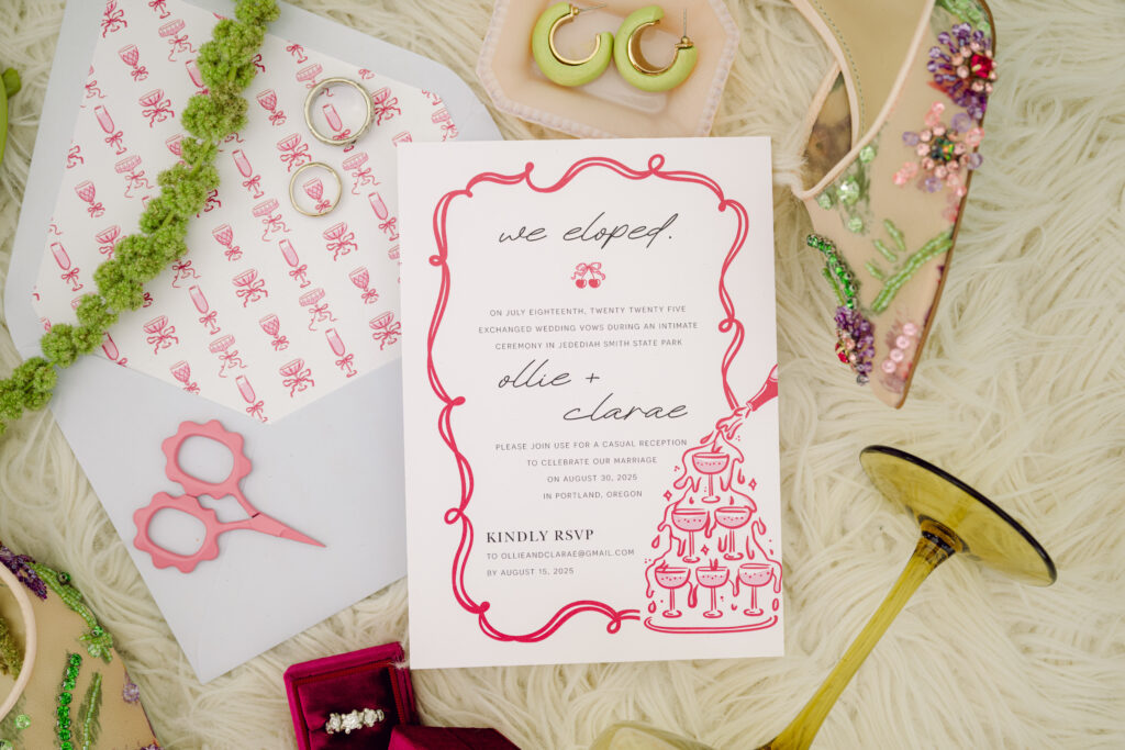 bold wedding invitation flatlay