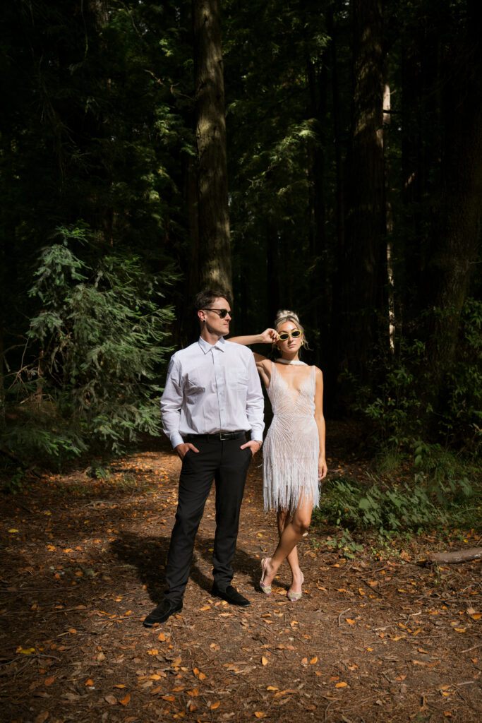 editorial bride and groom portrait in the redwoods