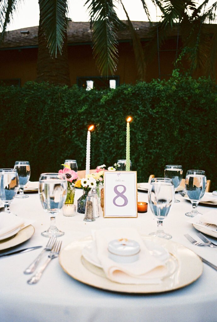 colorful reception dinner details on 35mm film